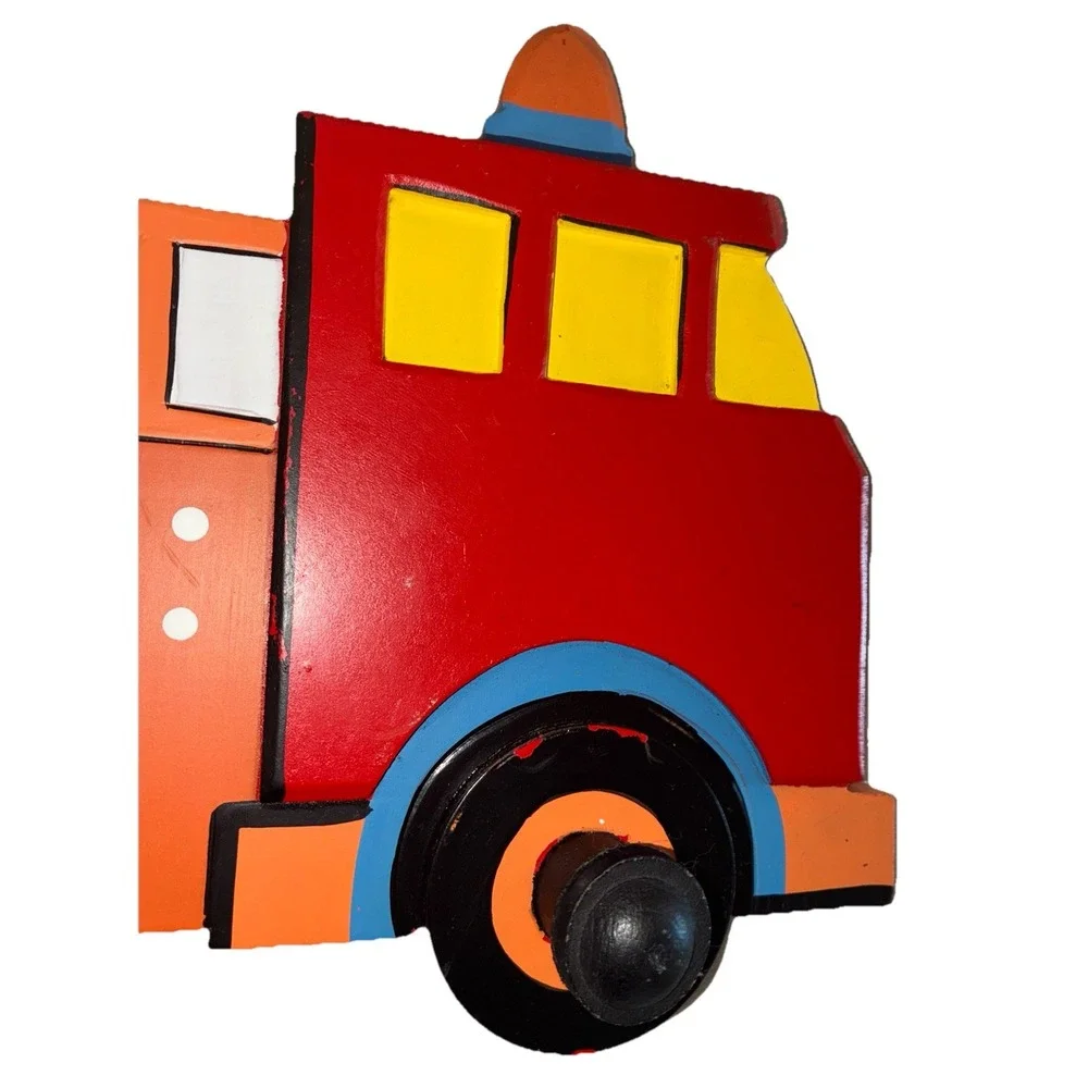 Wall Hook Mount Children Firetruck Wood Coat Hanger Three Hook Vintage‎